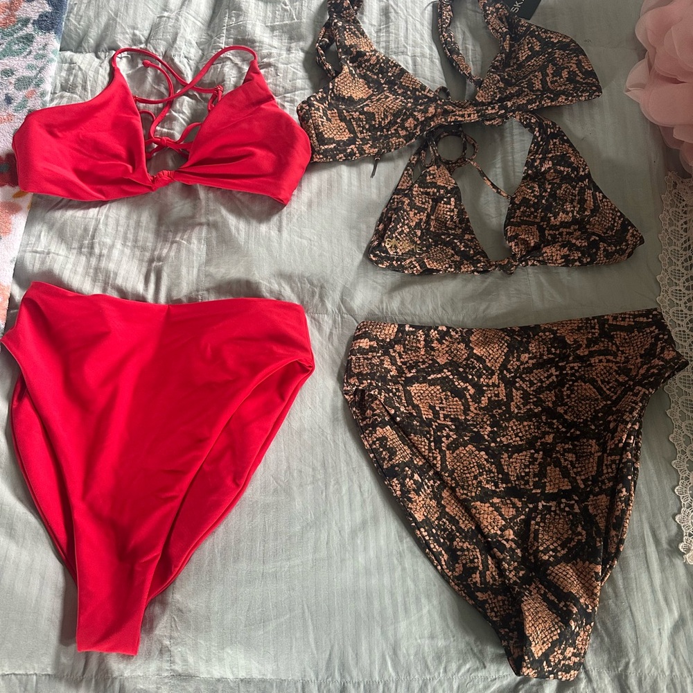 NWOT Skatie Red and Snakeskin Bikini Bundle